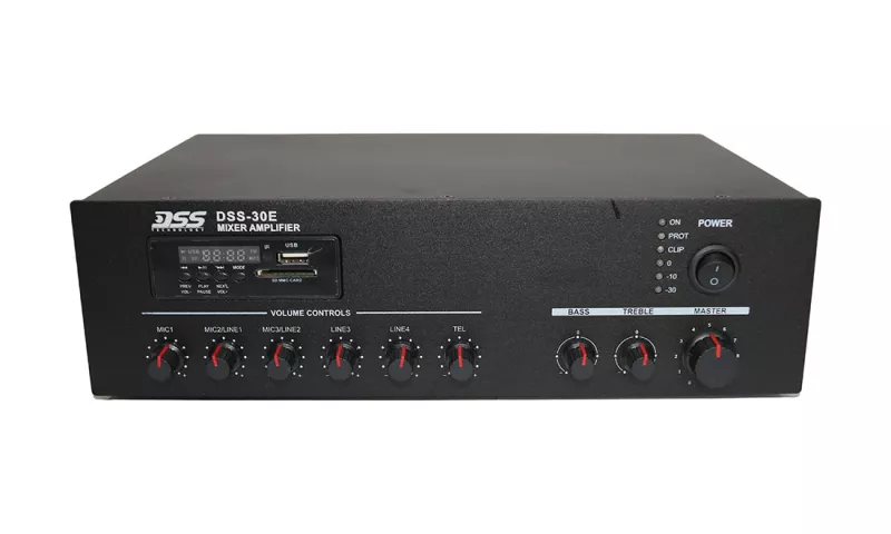 DSS-30E микшер-усилитель 30 Вт/100В, MP3, FM, Bluetooth, SD DSS-30E микшер-усилитель 30 Вт/100В, MP3, FM, Bluetooth, SD