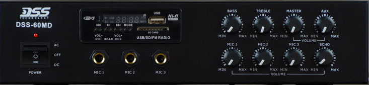 DSS-60MD микшер-усилитель MP3/SD/FM/Bluetooth, 60 Вт/100 В DSS-60MD микшер-усилитель MP3/SD/FM/Bluetooth, 60 Вт/100 В
